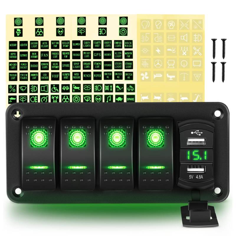 Gang Aluminum Rocker Switch Panel Green with 4.8 Amp Dual USB Charge –  gooacc